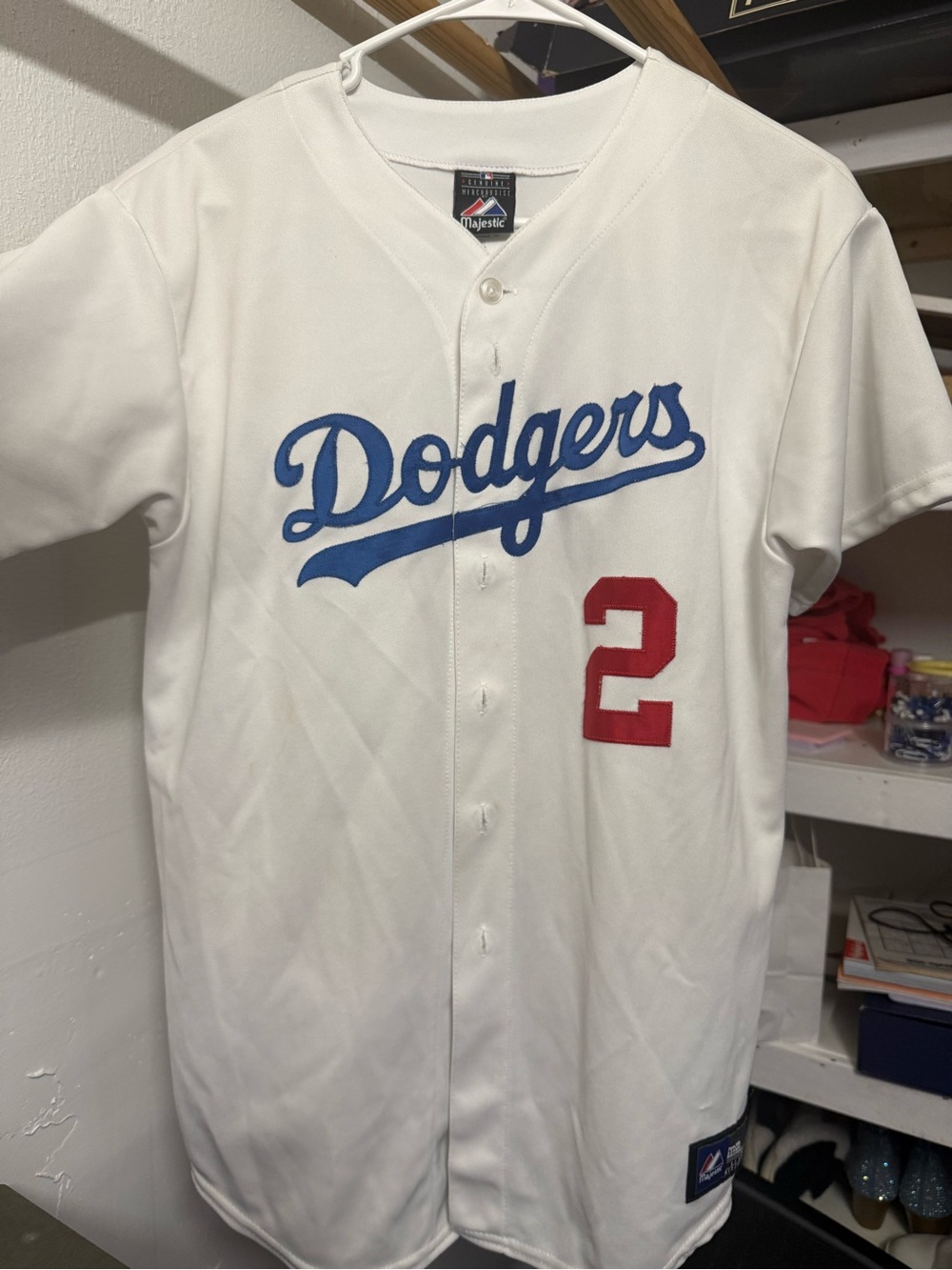 Majestic White Dodgers Button-Front Jersey with Blue Script and Red Number 2